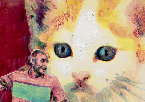 Cat's best friend (day 298), acrylic on paper, 21x15 cm, Kenneth Pils