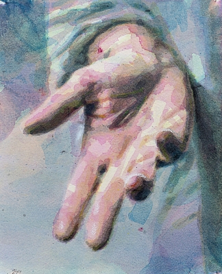 Open Hand, day 244 acrylic and watercolor on paper, 17 x 21 cm, 2023